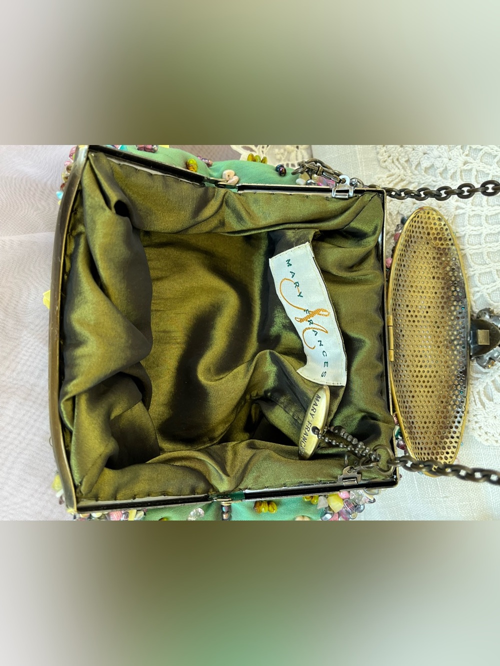Mary Frances Beaded Purse Sage Green with Pastel Accents, GUC Vintage - Picture 7 of 14